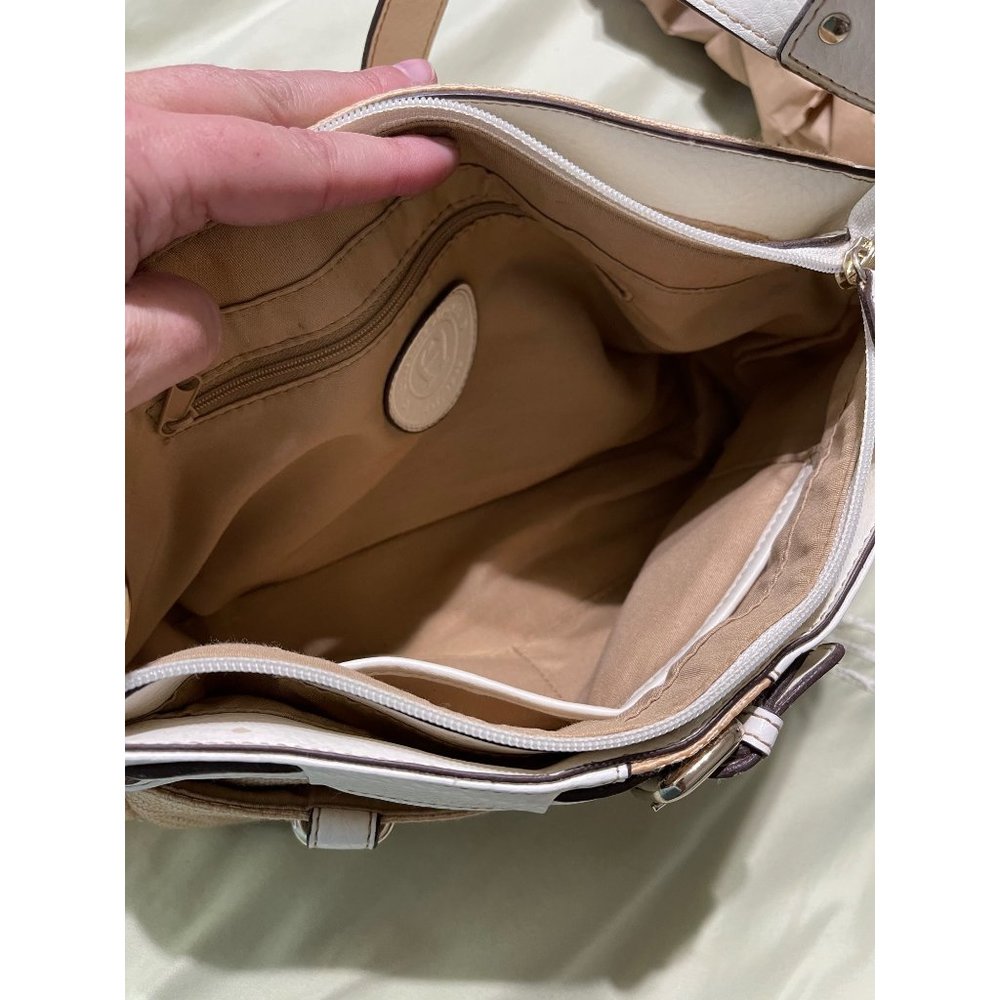 Etienne Aigner White Trimmed Tan Textured Purse - Picture 9 of 12